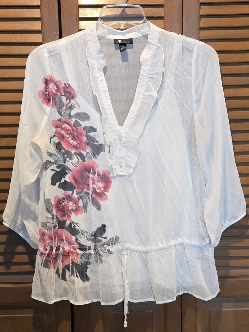 🌸 AB Studio Floral Ruffle Blouse with Cinch Waist - Size XL